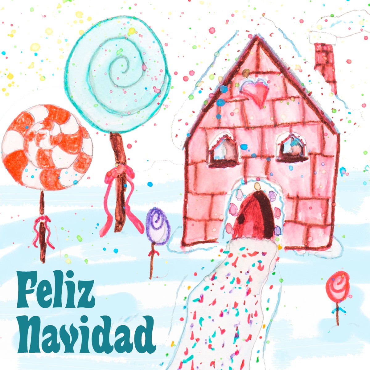 Dibujo de una casa de jengibre rodeada de arboles hechos de dulces, todos cubiertos por nieve y chispas multicolores, con un mensaje que dice “Feliz Navidad”.