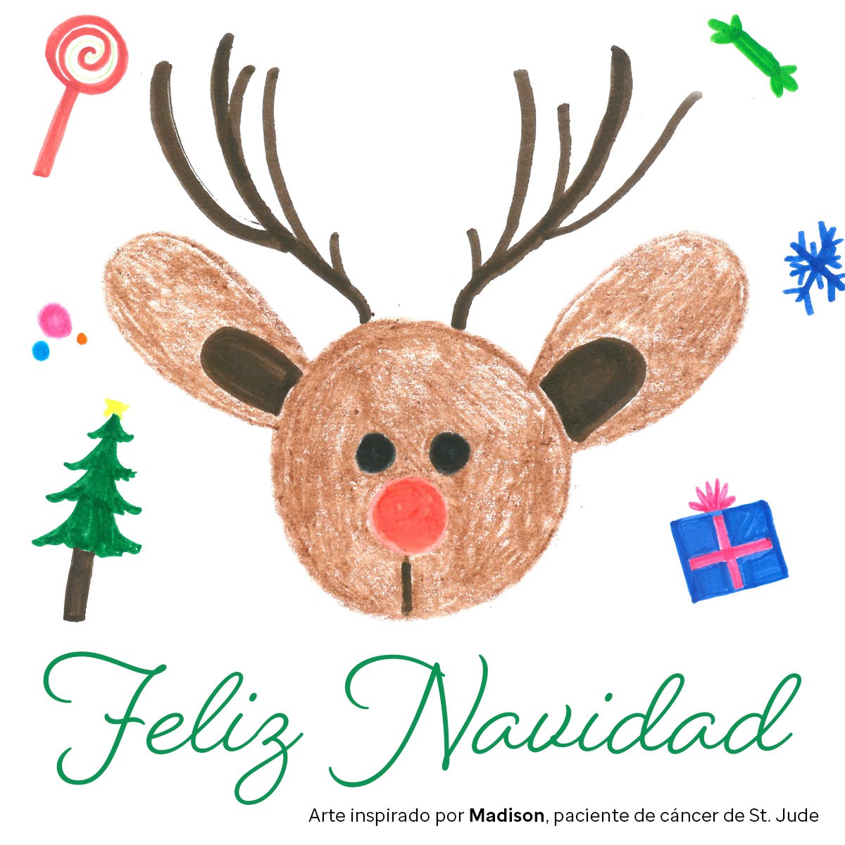 Dibujo de la cara de un venado con nariz roja y con un mensaje que dice “Feliz Navidad”.