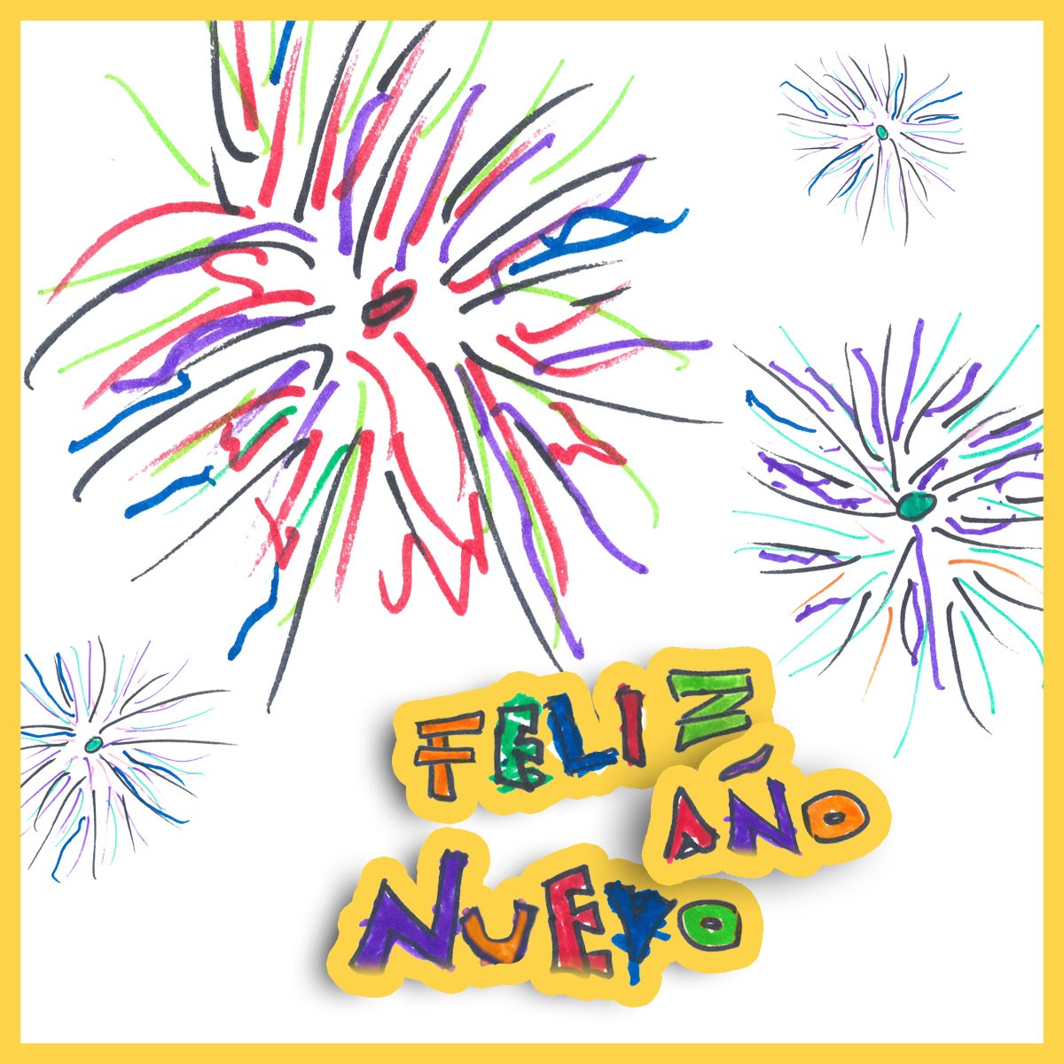 Dibujo de fuegos artificiales de múltiples coloresz, con un mensaje sobreimpuesto que dice “Feliz Año Nuevo”.