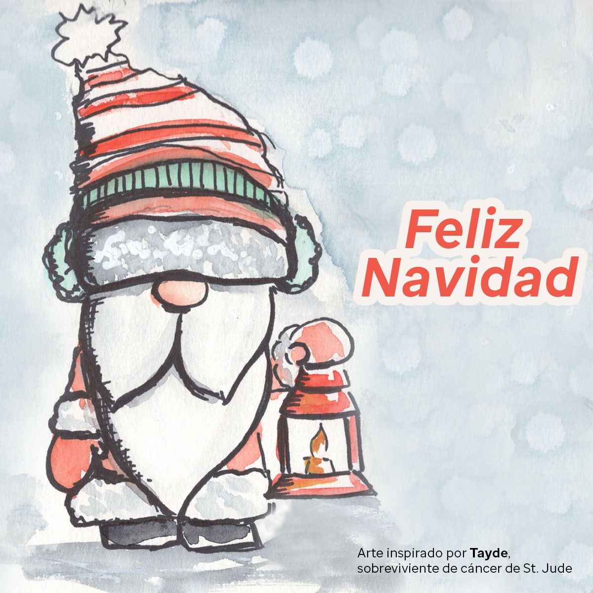 Dibujo de Papa Noel sosteniendo una lámpara con transfondo nevado y  el mensaje de 