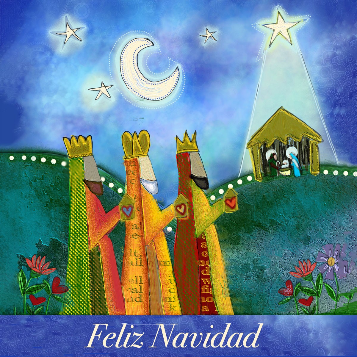 Ilustración al estilo collage de los tres Reyes Magos llevándole regalos al niño Jesús en su día de nacimiento, con un mensaje que dice “Feliz Navidad”.