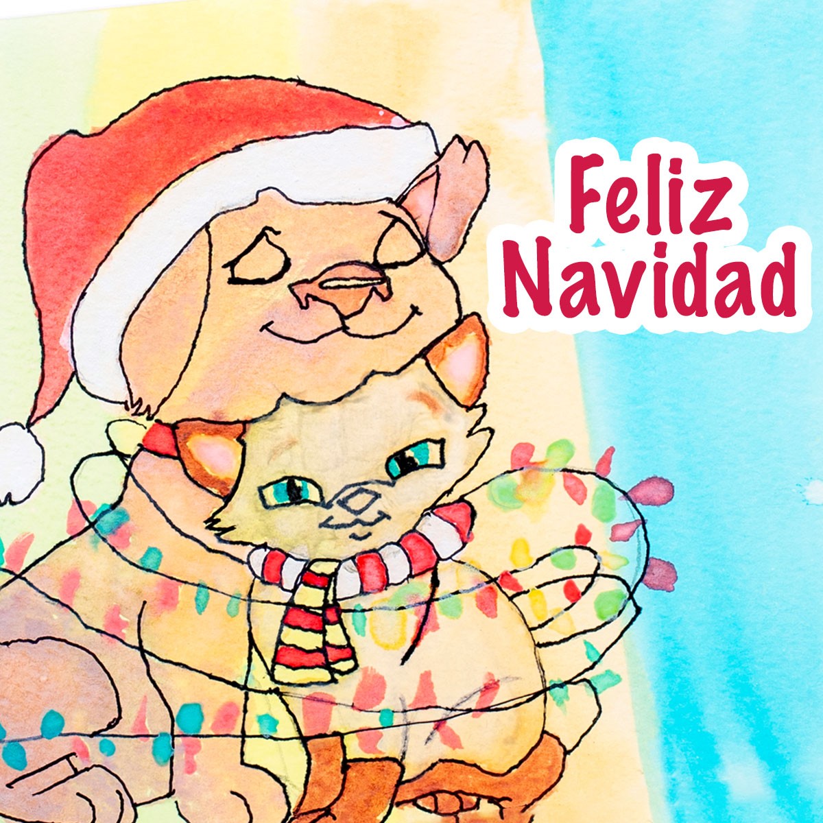 Dibujo de un perrito y un gatito abrazados, ambos vestidos de tema navideño, con un mensaje que dice “Feliz Navidad”.