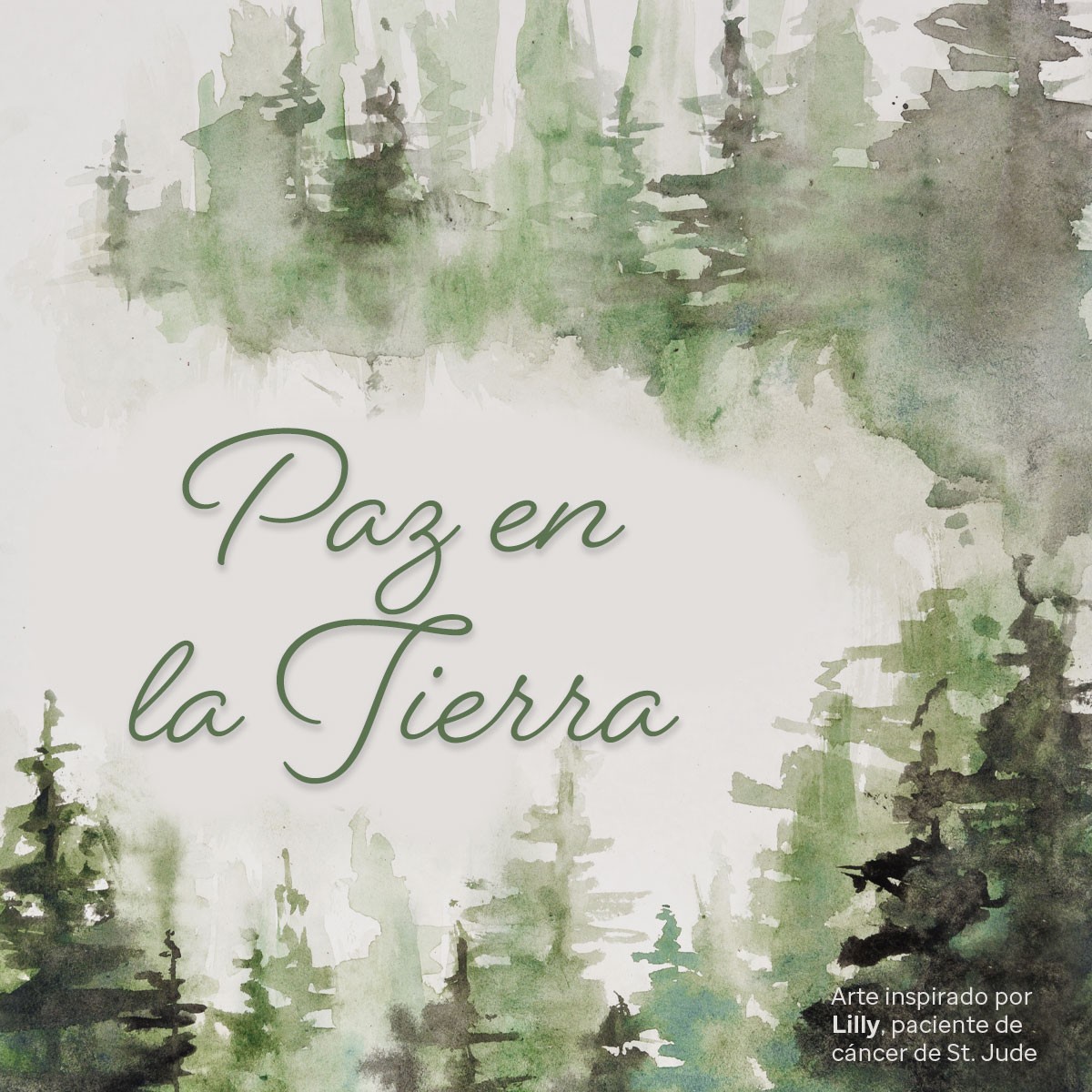 Dibujo en acuerala de un bosque, con un mensaje que dice “Paz en la Tierra”.