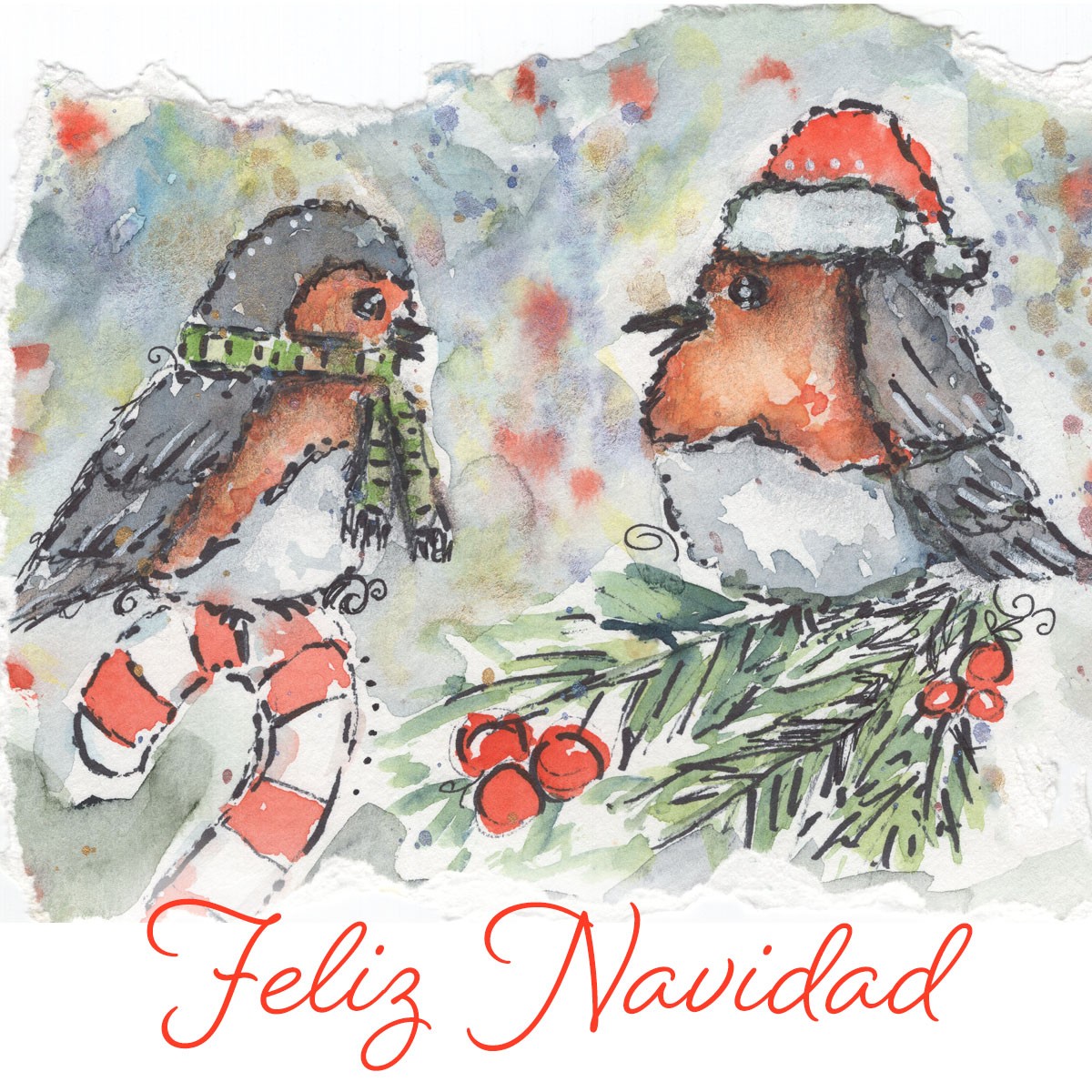 Dibujo de dos pájaros luciendo ropa con tema navideño, posados sobre un árbol decorado con ornamentos y dulces, con un mensaje que dice “Feliz Navidad”.
