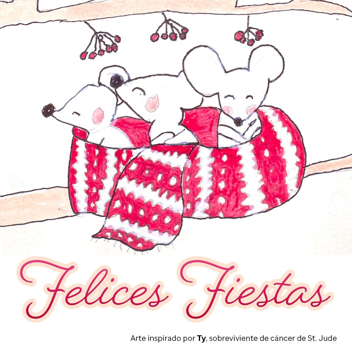 “Dibujo a lápiz de tres ratoncitos dentro en una bufanda roja sobre la rama de un árbol, acompañado de un mensaje que dice: ‘Felices Fiestas’.”