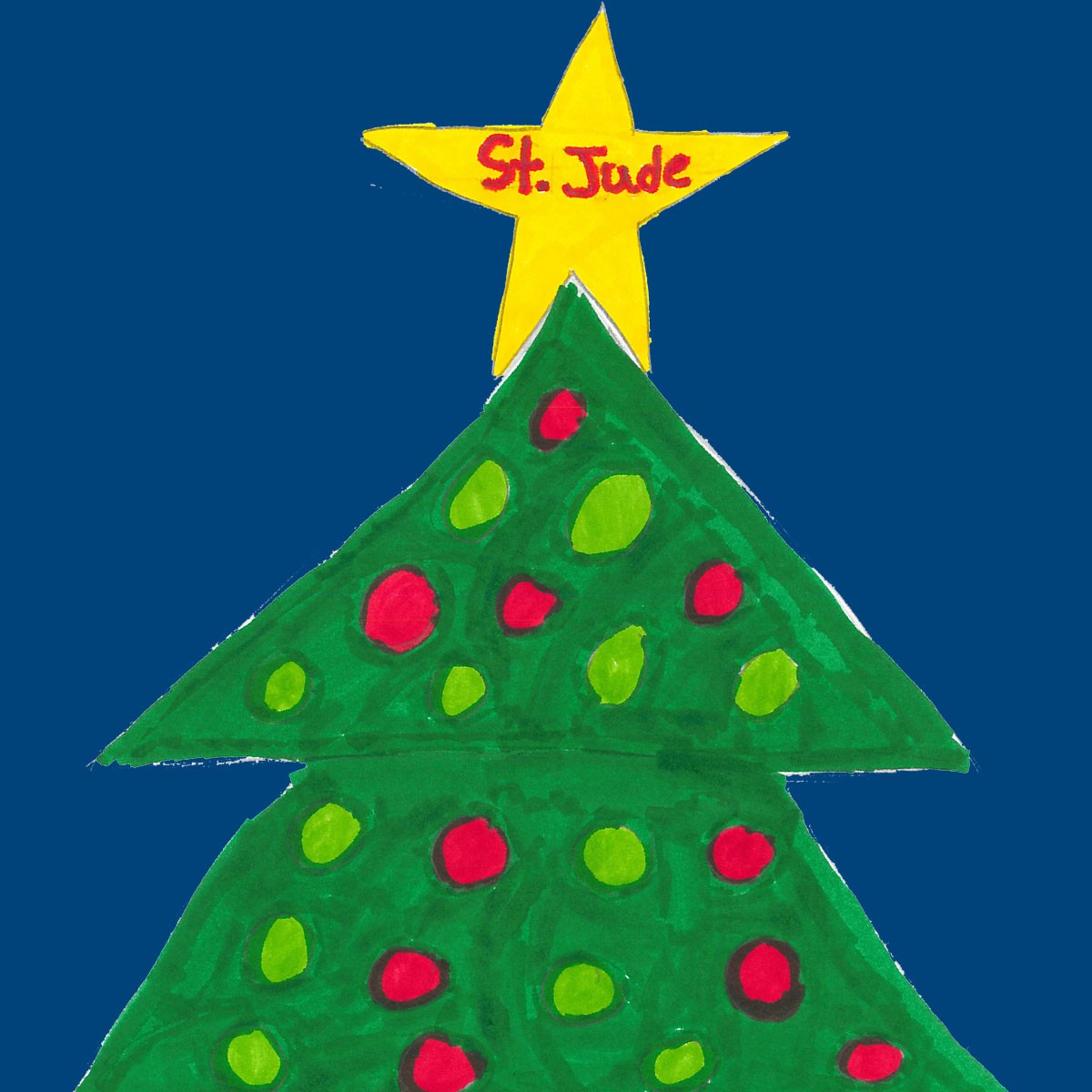 Pintura de un árbol navideño, con una brillante estrella que dice “St. Jude” en su centro.