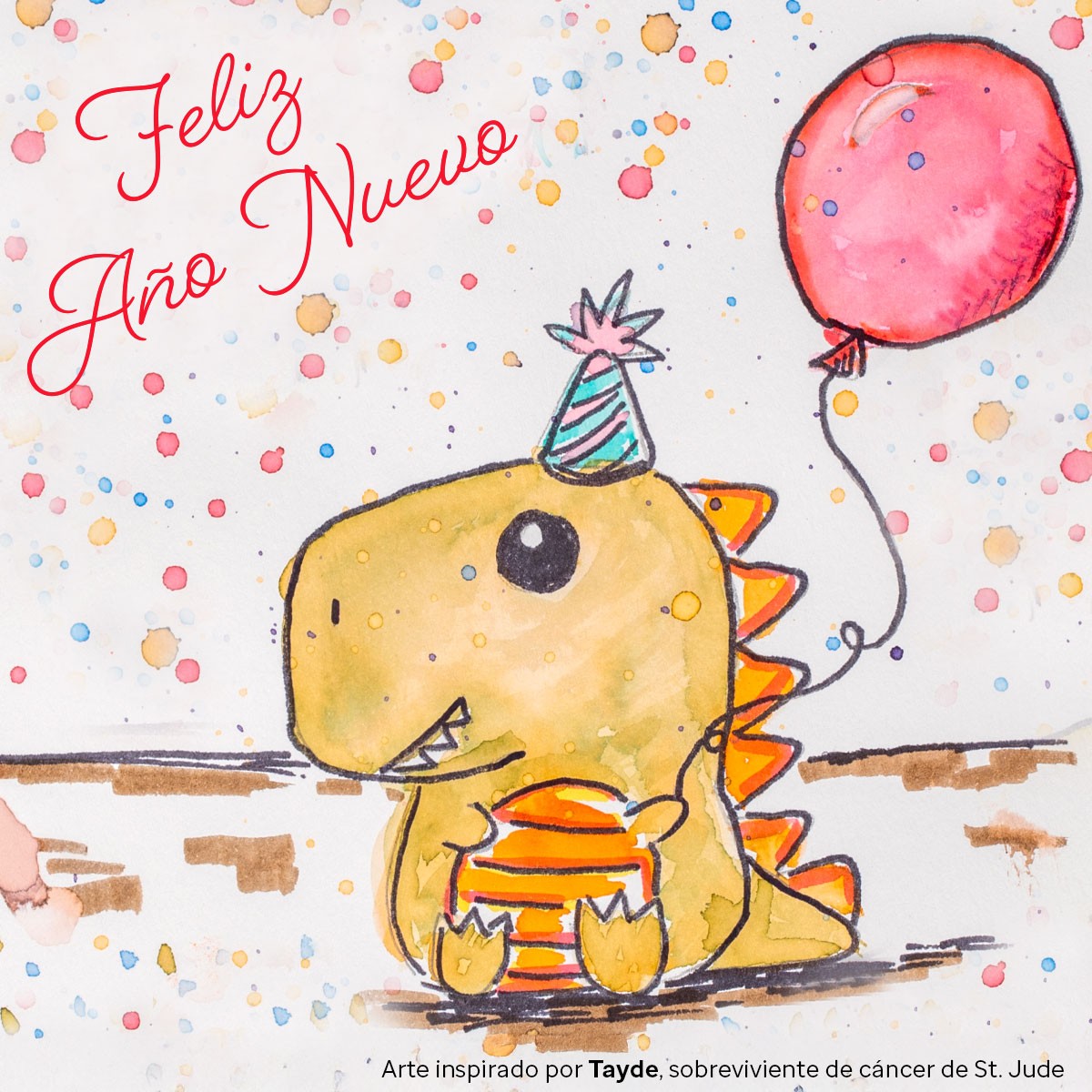 Dibujo en acuarela de un dinosaurio amarillo sosteniendo un globo rojo con el mensaje “Feliz Año Nuevo”.Nuevo.