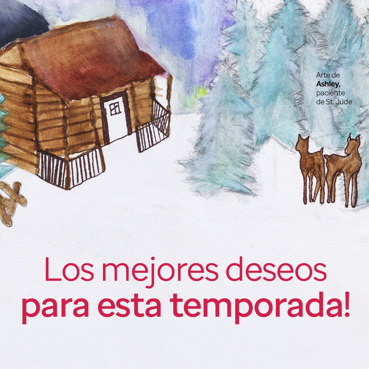 Season Greeting card artwork of cabin and reindeer in a forest