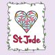 An example of a coloring page with a heart with flowers and St. Jude written below it