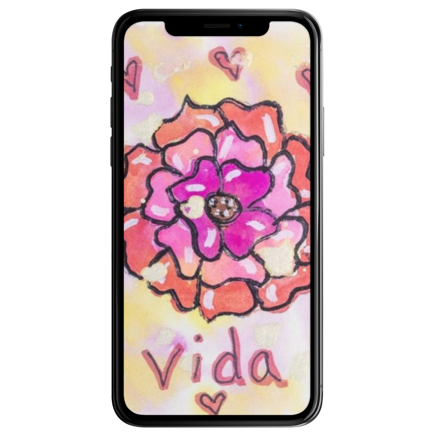 Imagen de un celular con arte de paciente de St. Jude con la palabra vida y una colorida flor.