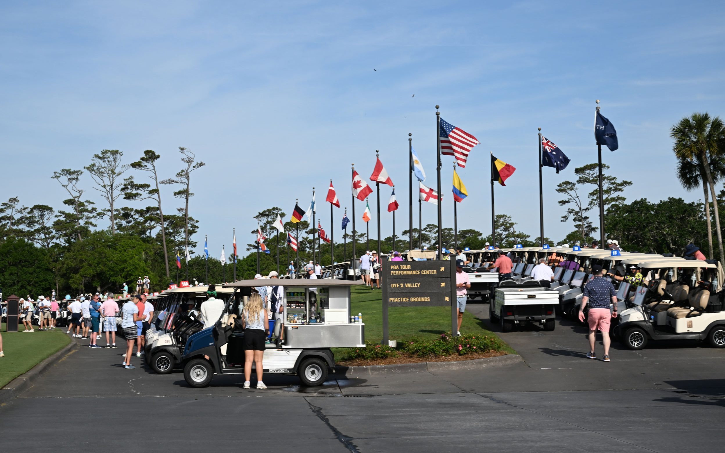 Golf carts line up at the Rahm Celebrity Golf Tournament. 