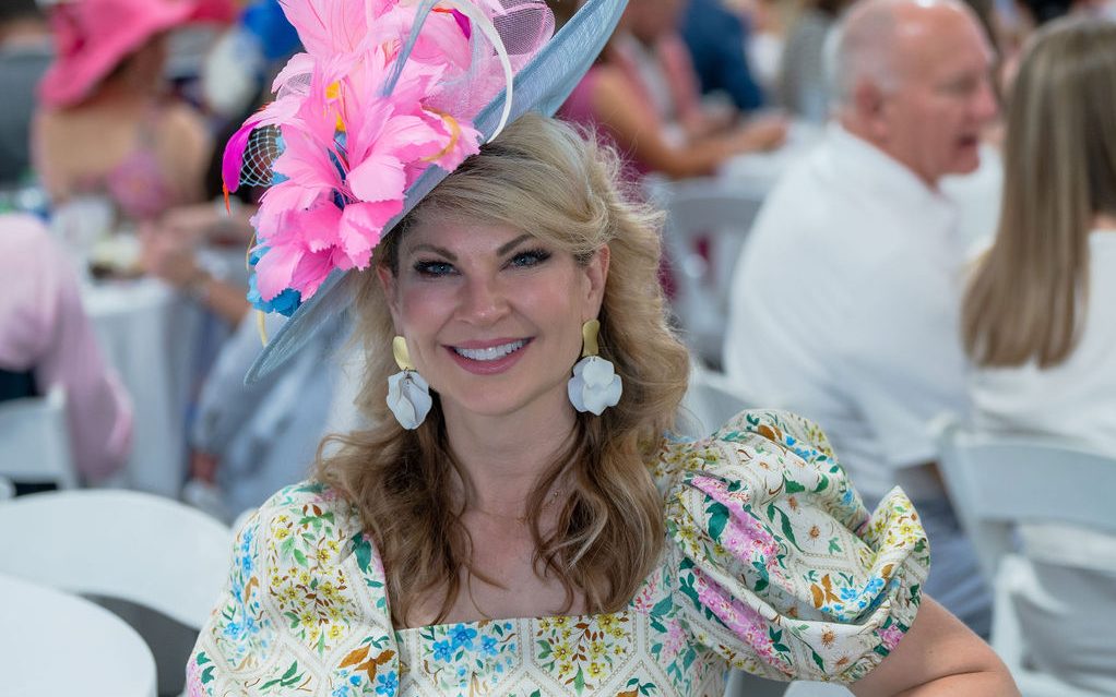 A St. Jude Day at the Derby attendee wears an elaborate Kentucky Derby hat. 