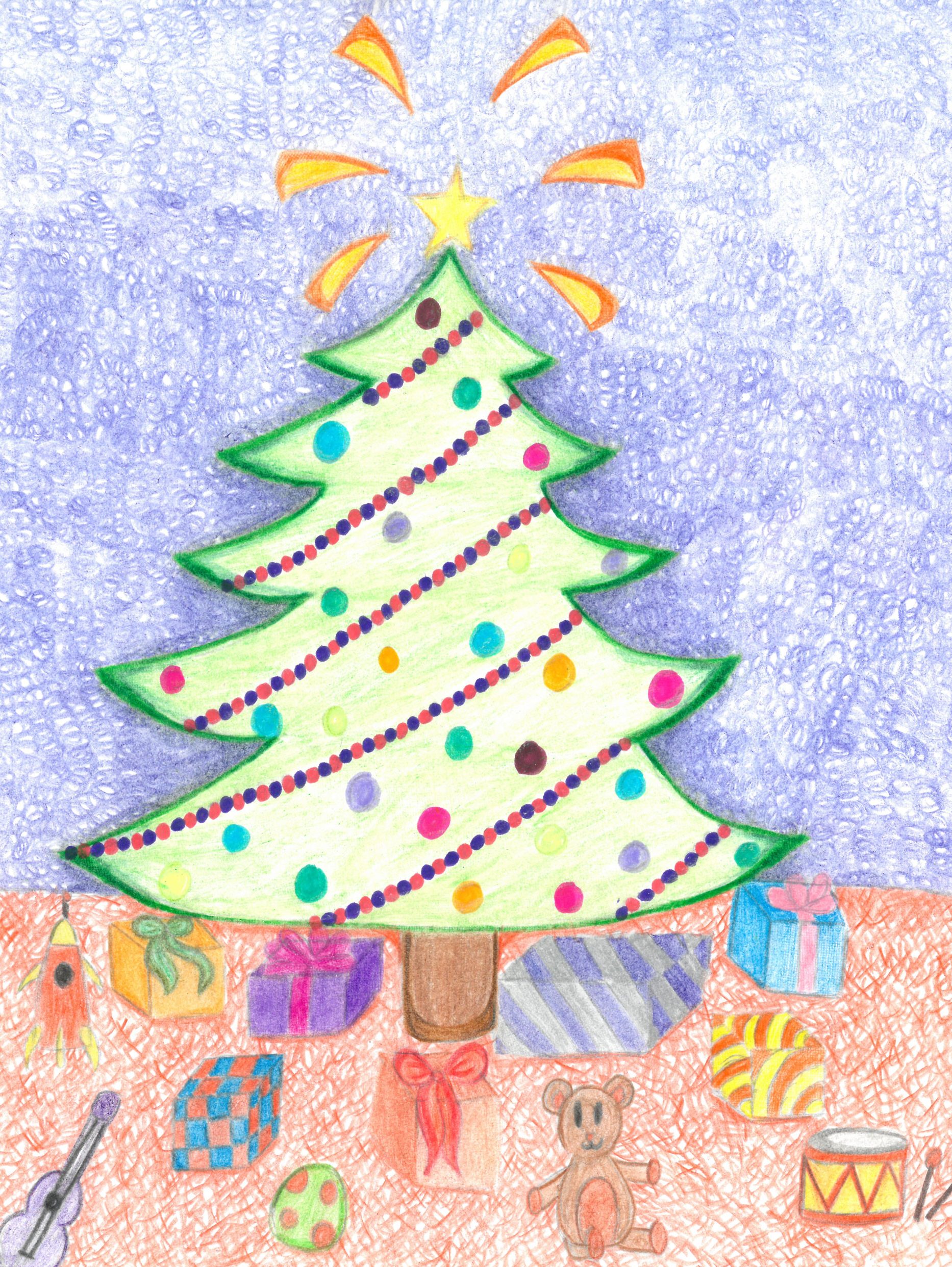 Drawing of two bells with a red ribbon and greenery above the words Merry Christmas, by St. Jude patient Coraliz.